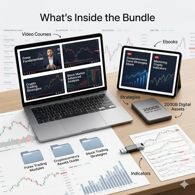 What's inside the bundle: video courses, ebooks, strategy folders and 200GB of digital assets